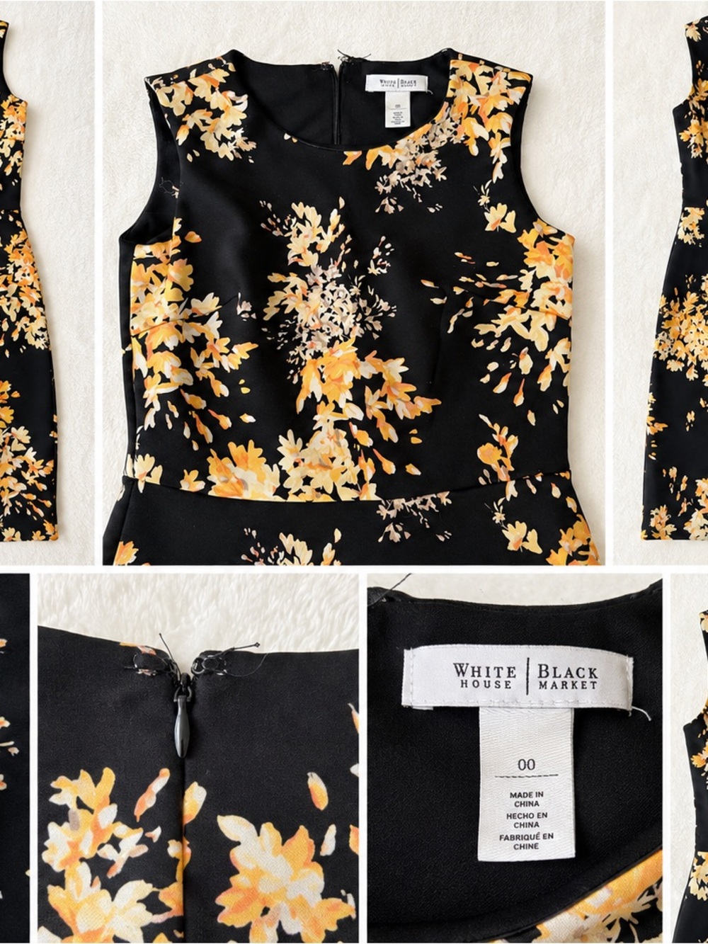 White House Black Market Black Floral Sheath Dress with Yellow Accents